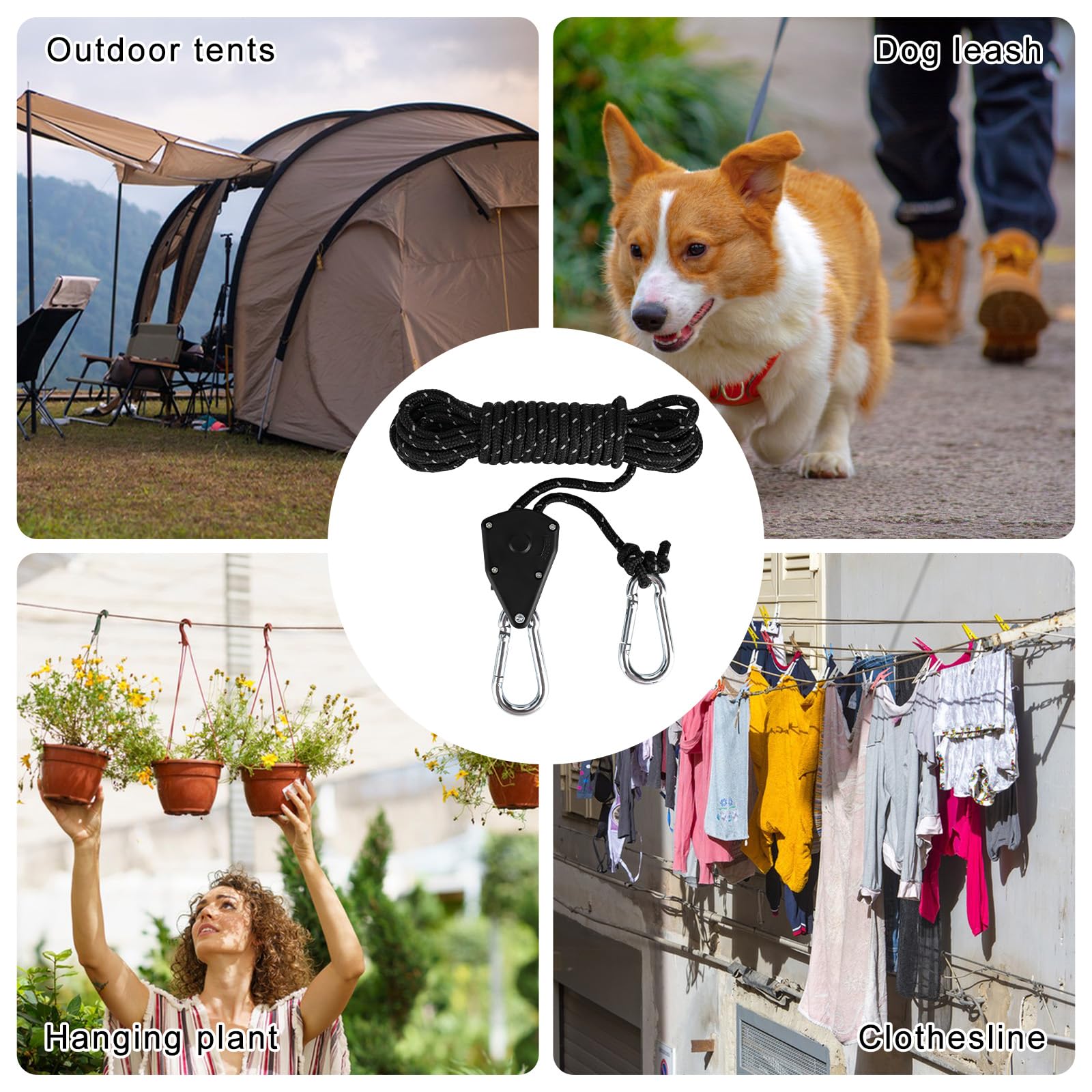 8 ganchos de trinquete, cuerdas tensoras de 4 m con tensor de cuerda, carraca resistente de 1/8 pulgadas para plantas, ventilador, luz, plantas de interior (negro)