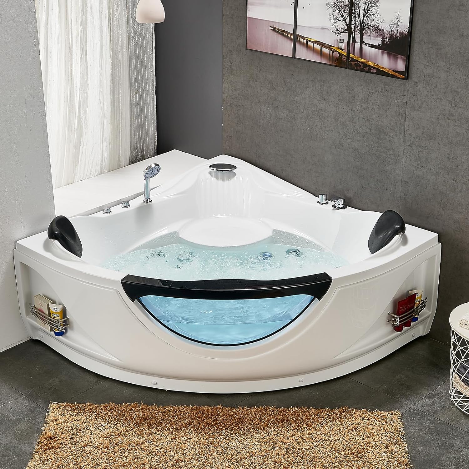 2 Person Bathtub Jets for Tub,59" Corner Bathtub Jetted Tub with Light,Spa Tub Hydromassage with ...