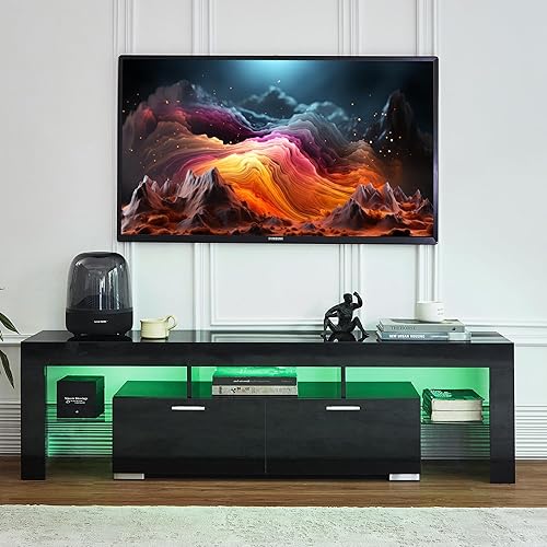 Nrizc Soporte de TV LED negro para TV de 75 pulgadas, centro de entretenimiento de TV con cajón de almacenamiento, mesa consola de TV para sala de