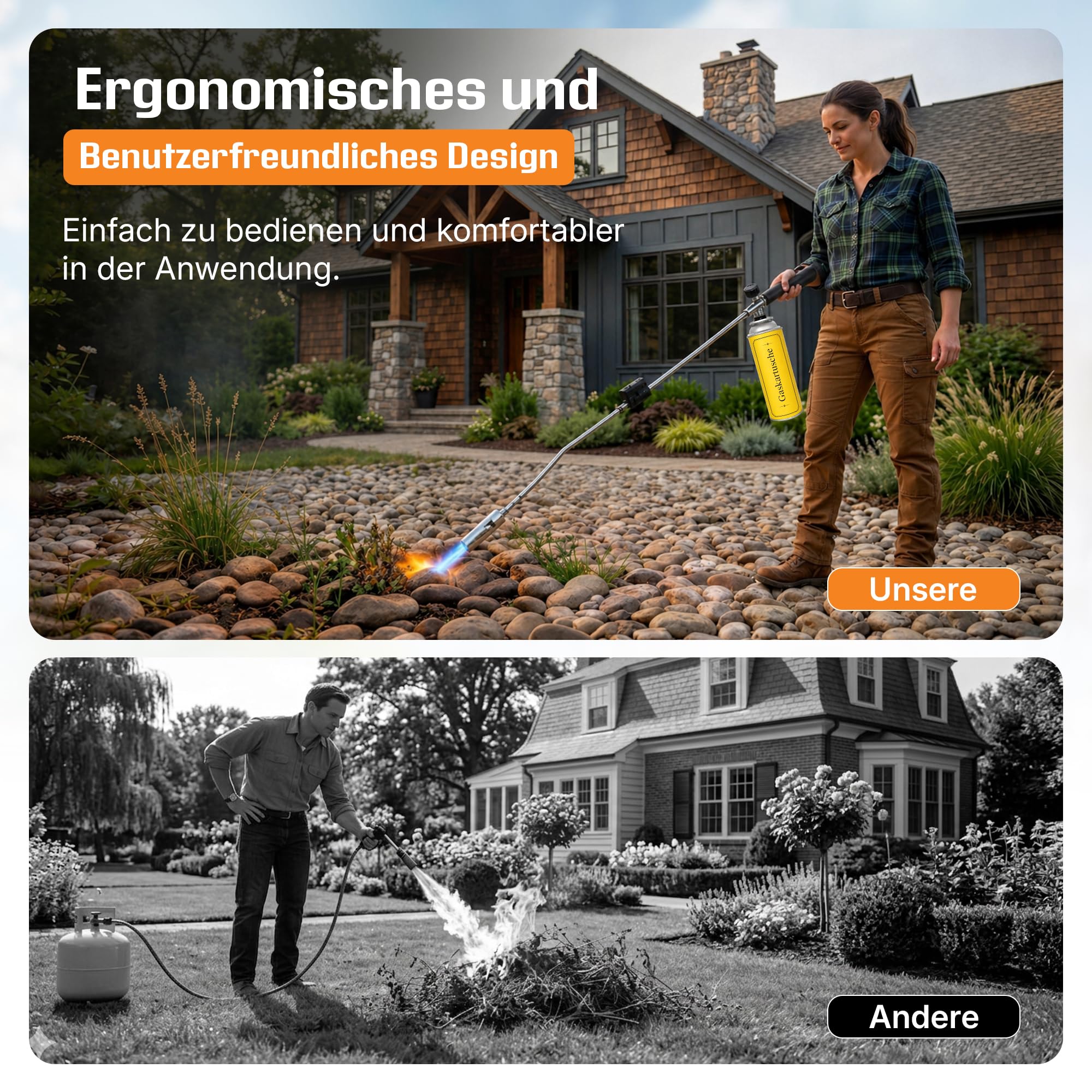 Unkrautbrenner [1100°] mit Piezozündung – professionelles Abflammgeraet mit robustem Griff & stufenloser Flammenregelung – ergonomischer Unkrautvernichter 80 cm – inkl. 4 Gaskartuschen