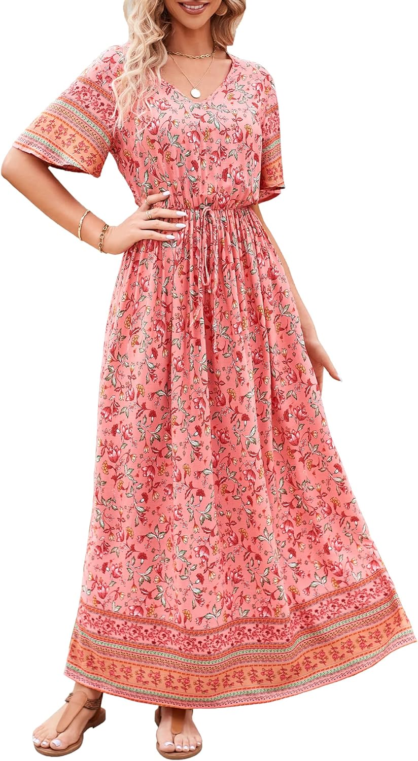 PRETTYGARDEN Women's Casual Summer Boho Floral Print Dress V Neck Short Sleeve High Waist Long Maxi Beach Dresses