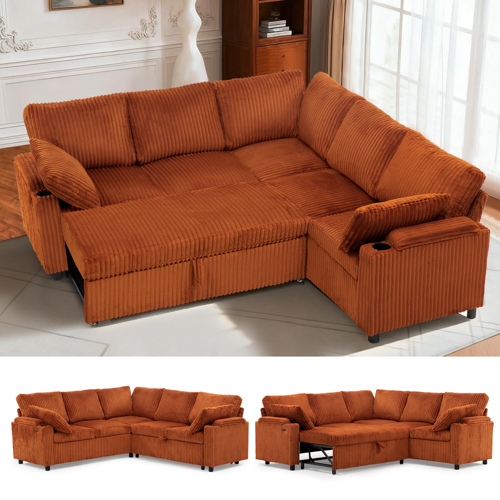 85" Corduroy Reversible Sectional Sofa w/Pull Out Bed, Upholstery L Shaped Couch w/Storage Armrests & Cup Holders, Modern Corner Sofa w/USB Charging Port & Throw Pillow for Living Room, Orange