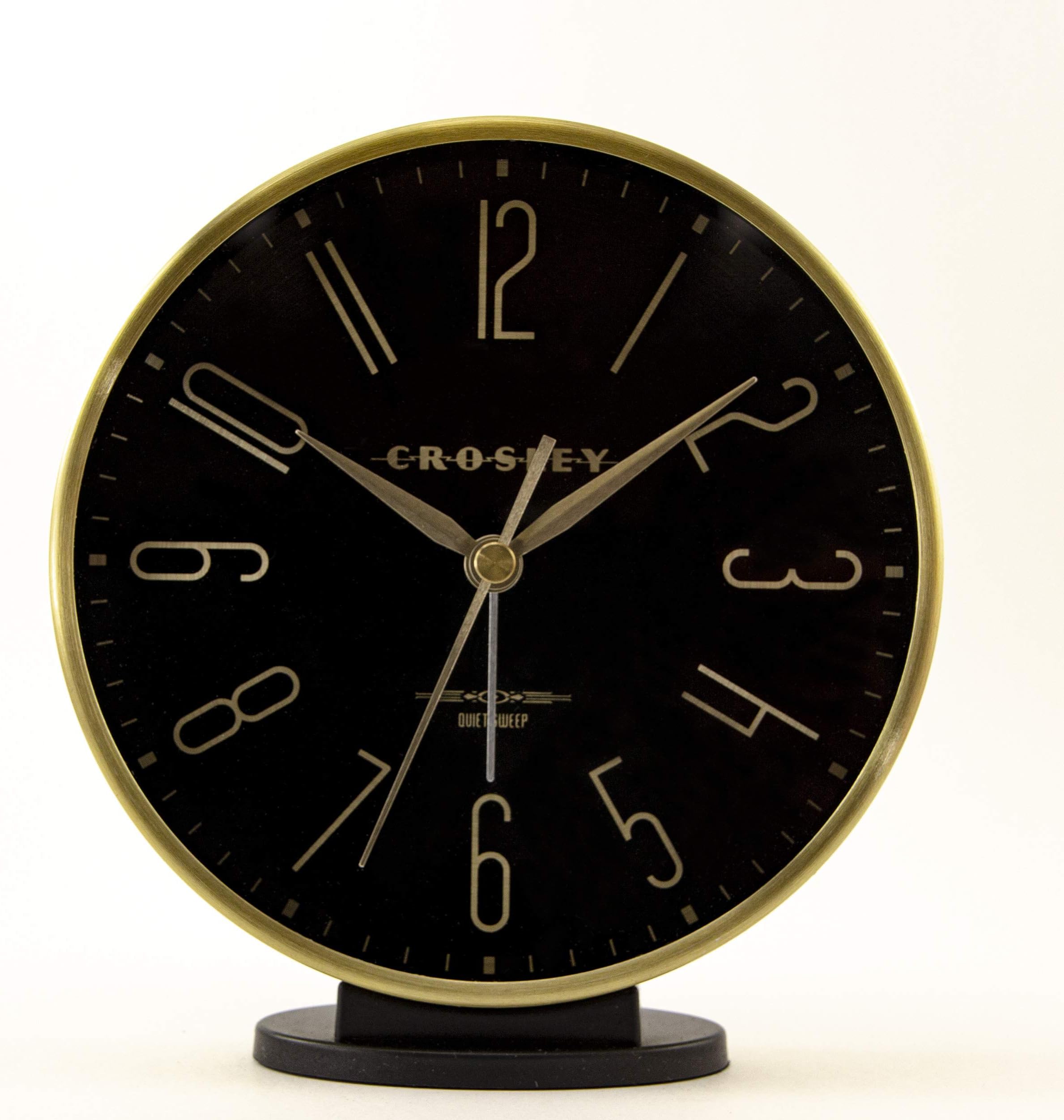 Timelink Crosley Modern Art Deco Alarm Clock for Office, Bedroom, or Desk – Analog Non-Ticking Clock with Easy-to-Read Dial, Gold Metal Frame & Black Face (6-Inch)