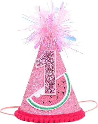 MADENG Watermelon 1st Birthday Decorations - One In A Melon Hat,Pink Glitter Cone Hat,Summer Fruit Party Photo Props,Sweet Watermelon First Party Crown