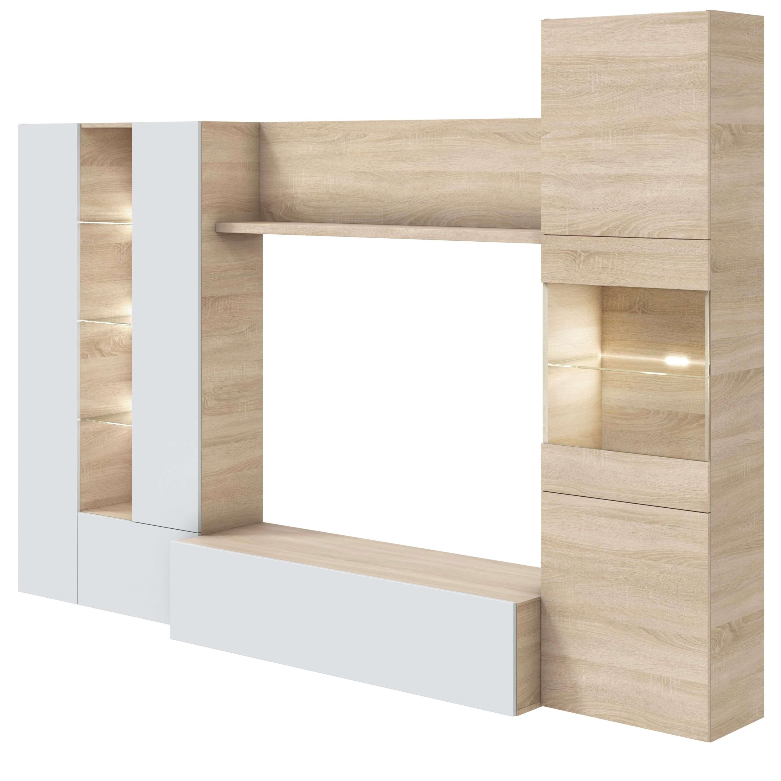 Habitdesign Esstisch-Möbel mit LEDs, Wohnzimmermöbel, Modell Essential, glänzendes weißes Finish und kanadische Eiche, Maße: 260 cm (Breite) x 185 cm (Höhe) x 42 cm (Tiefe)