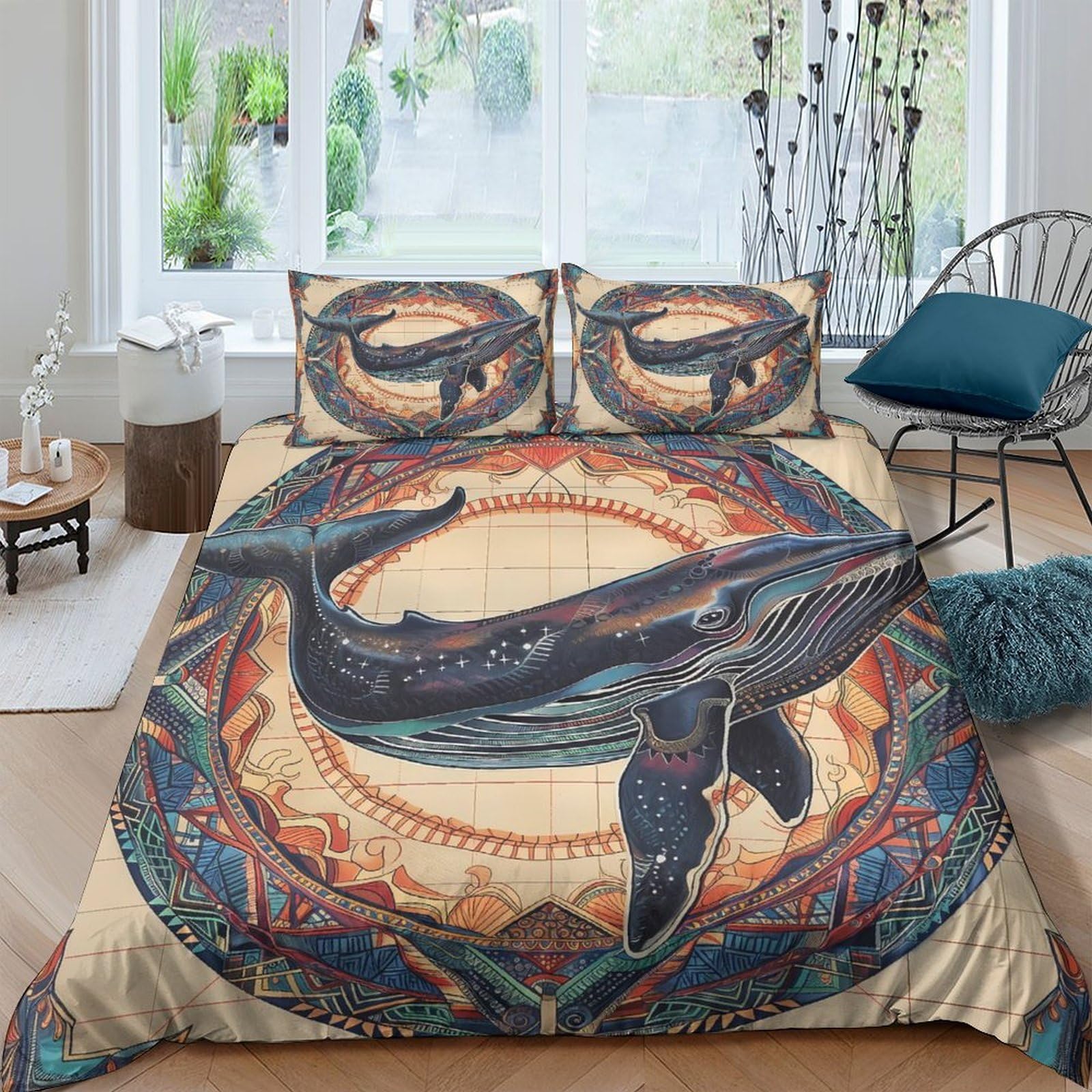 Ctjqhvkz Style-5 3D Printed Vintage Whale Fitted Sheet Microfiber Soft Breathable Ocean Mandala Mattress Cover For Bedroom Guest Room Decor Single（135X200cm）