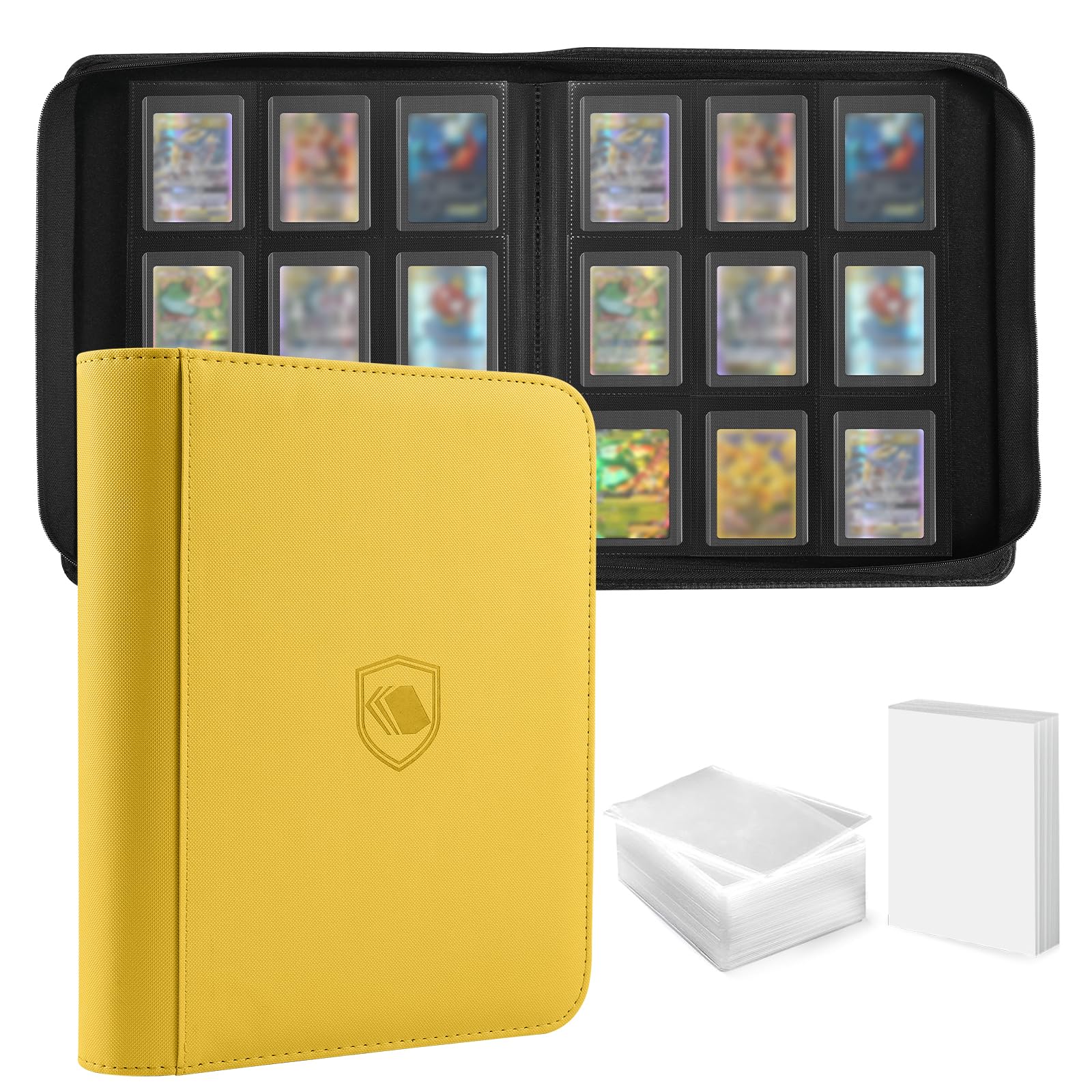 Khlerox Yellow Top Loader Binder, Holds 360 Toploaders, 108 Toploaders And 100 Card Sleeves Included, 9-Pocket Toploader Binder For 3" X 4" Rigid Toploader, Double-Sided Card Binder For Tcg, Sport Cards