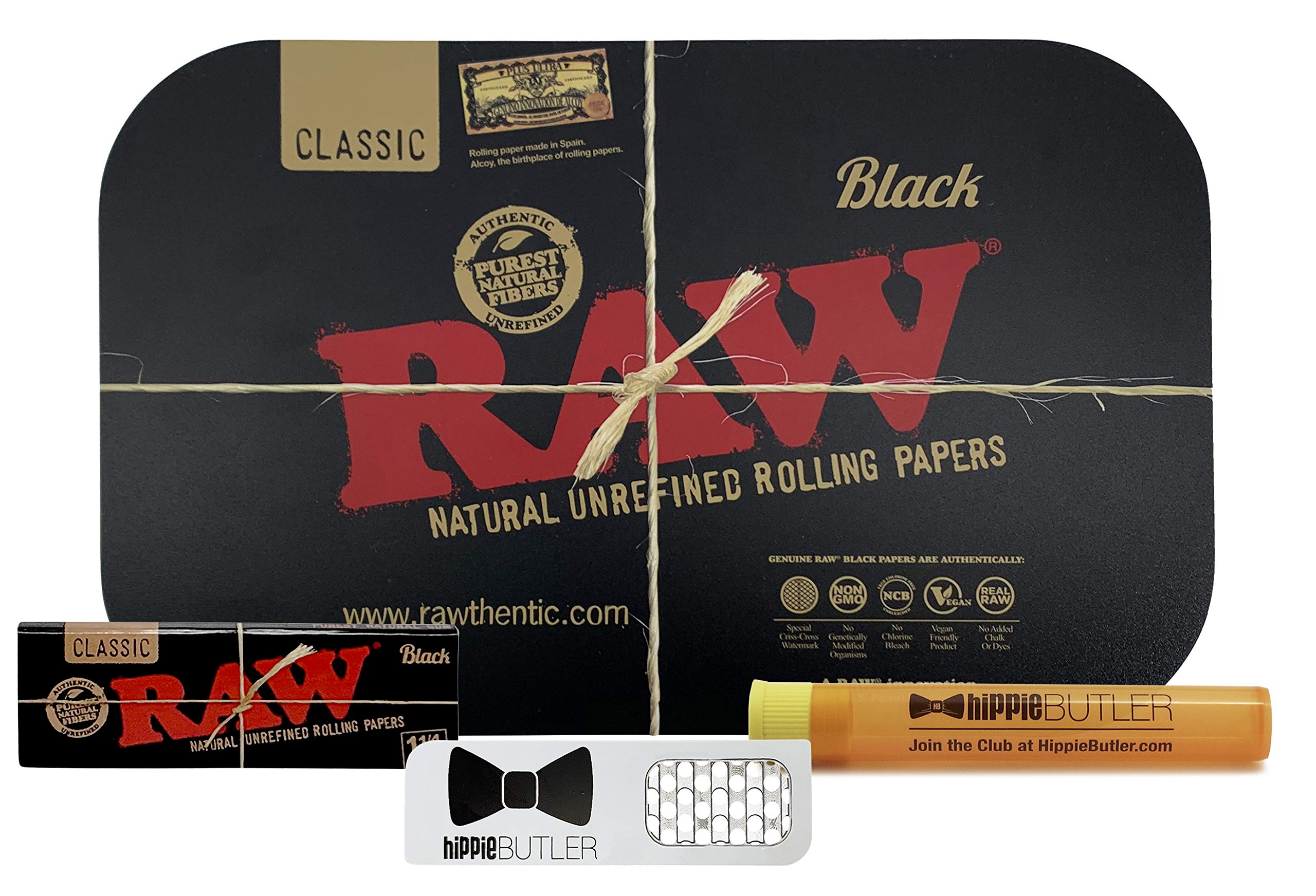 RAW Small Magnetic Tray Cover (Black), RAW Black 1 1/4 Natural Unrefined, Hippie Butler Grinder Card, with Hippie Butler KewlTube- 4 Item Bundle