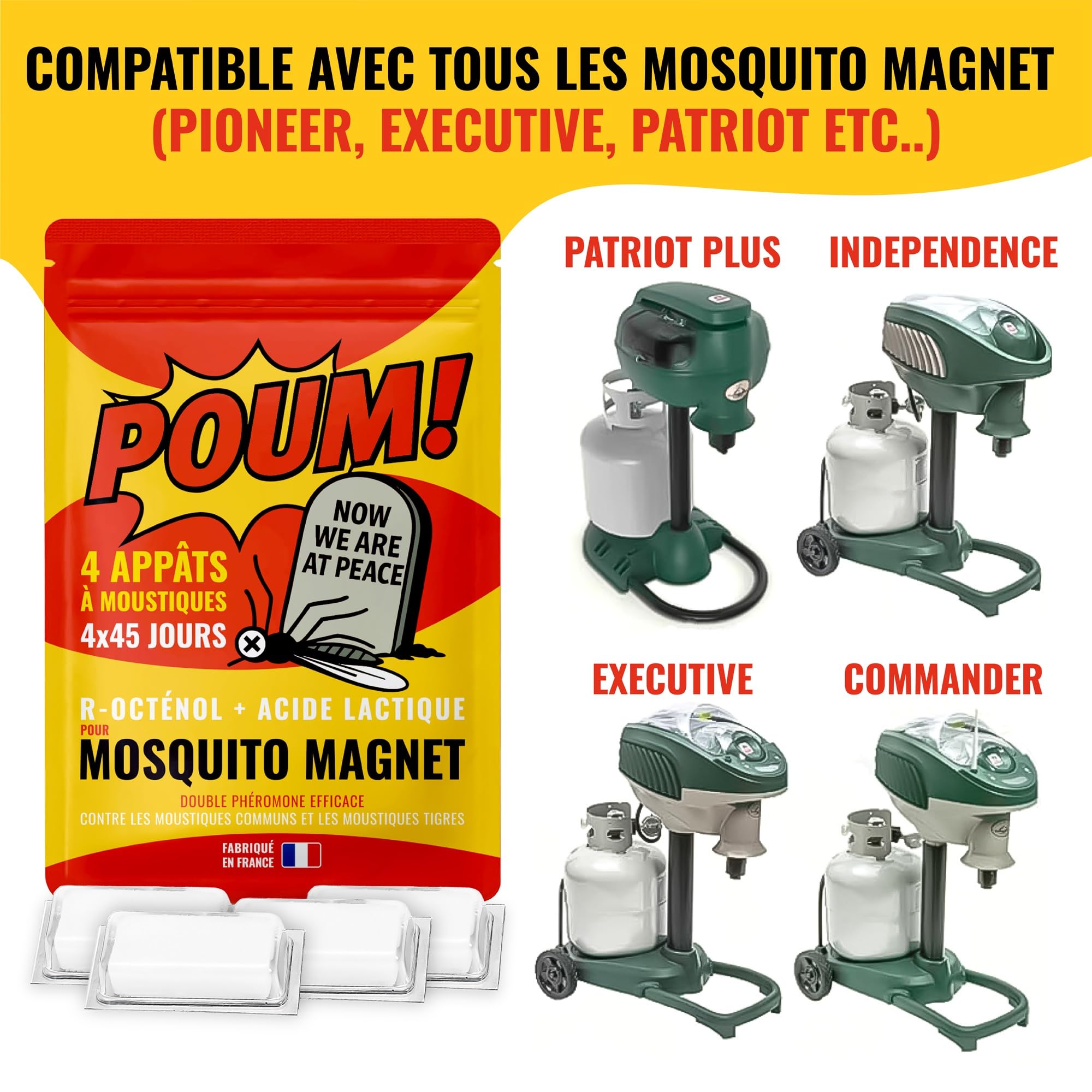 POUM 4 Appats Zanzare Compatibile Mosquito Magnet Double Feromone: Efficace su Zanzare Tigri e comuni grazie al R-Octenolo e all'acido lattico (=Atrakta). 4X 45 Giorni di efficienza