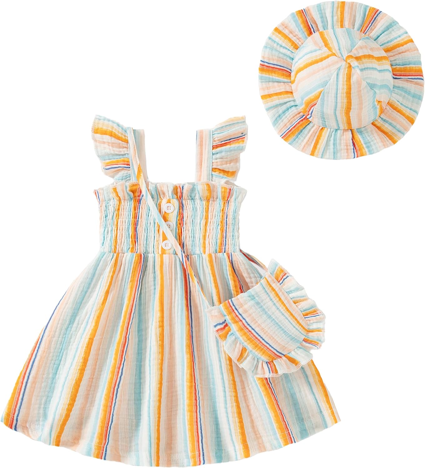 Vibebox Baby Girl Ruffle Sleeveless Dresses Newborn Girls Summer Button Dress Birthday Gifts Clothes with Cute Hat and Bag