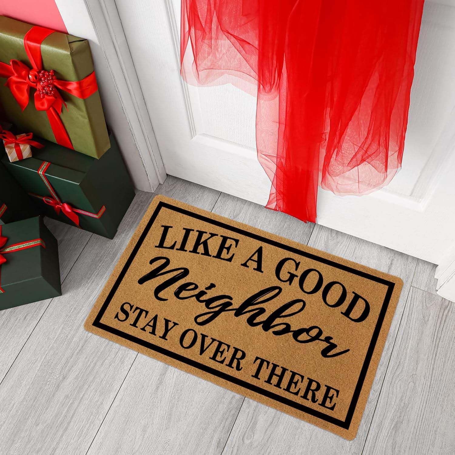 Welcome Door Mat Like A Good Neighbor Stay Over There Outdoor Indoor Entrance, Low-Profile Floor Mats Non Slip Durable Entrance Rugs for Entry, Patio, High Traffic Areas Front Door, 17" x 29.5"
