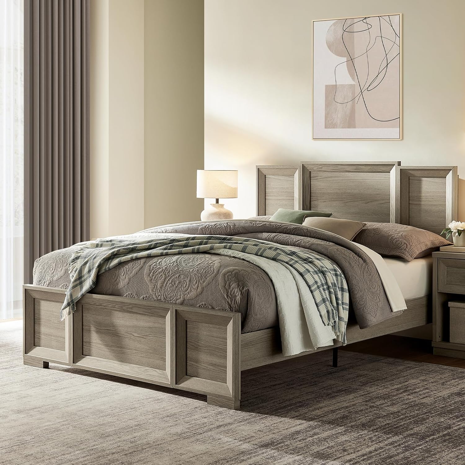 Queen Bed Frame with Modern Wood Headboard and Footboard, Wood Slat Support, No Box Spring Needed, Noise Free, 1000Lb Capacity, Easy Assembly, Grey Oak