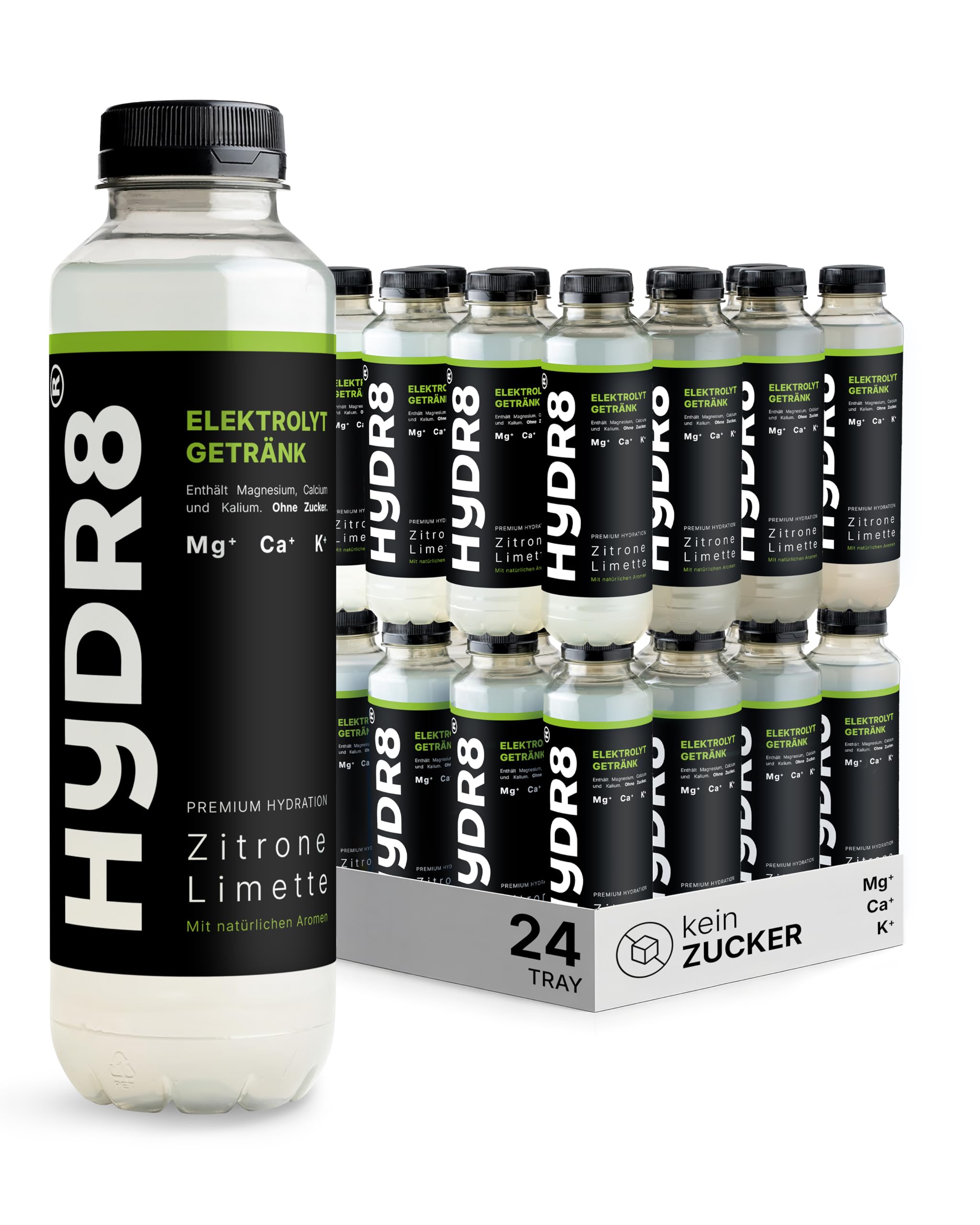 HYDR8 Elektrolytgetränk ohne Zucker mit erfrischendem Zitrone-Limette Geschmack - Elektrolyte Sport und Feiern - Elektrolyte ohne Zucker - 5 Elektrolyte inkl Magnesium (24 x 500ml inkl Pfand) | 5 Elektrolyte inkl. Magnesium | Zero Getränk | Erfrischend fü