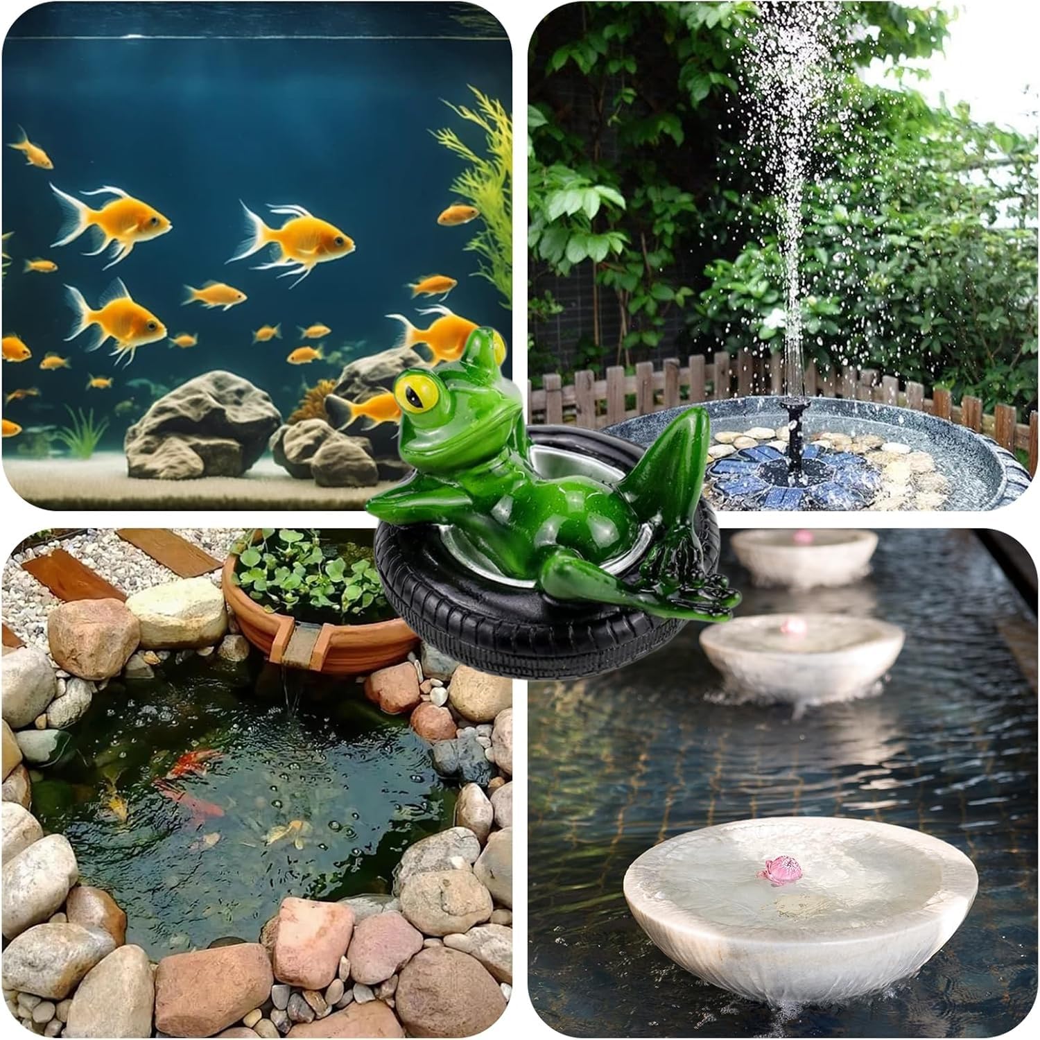 Mini estanque decorativo con 6 bolas plateadas y 2 flores de loto para mini estanques de terraza, bañeras de zinc, fuentes solares, jardín, balcón, estanque, decoración (rana en neumáticos)