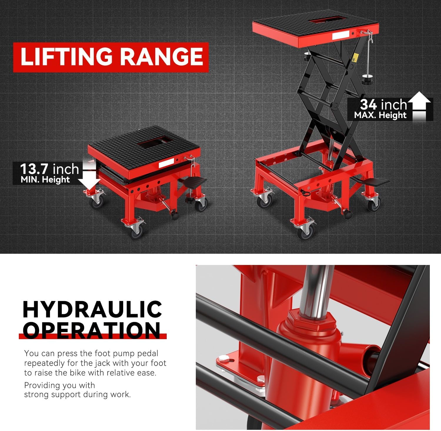 Auto Dynasty Heavy Duty Hydraulic Motorcycle Lift Jack Table Bike ATV Motorcycle Bike Foot Operated Scissor Stand Lifts Hoist, 300lbs Capacity, Lifting Range 13.7" to 34", Red