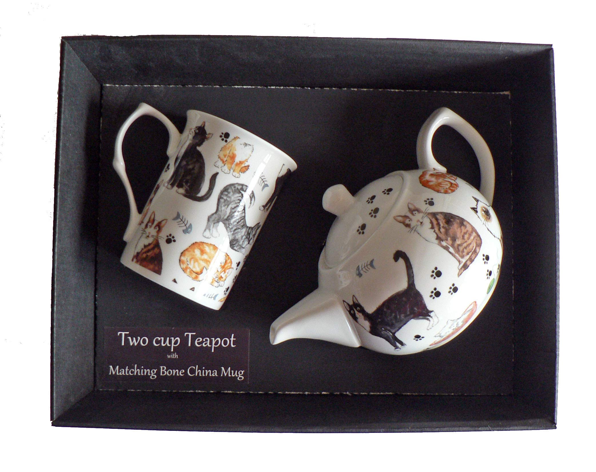 Cat Teapot and bone china mug gift set - Porcelain teapot, with bone china mug decorated with various cute cats in gift boxed package