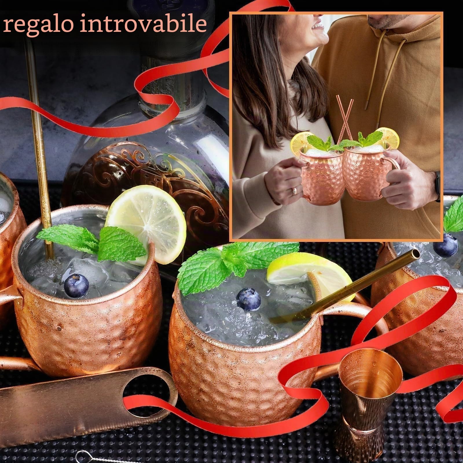 LINALL Moscow Mule, set di 2 tazze in acciaio inox placcato rame, 510 g, per bevande fredde, 2 pezzi