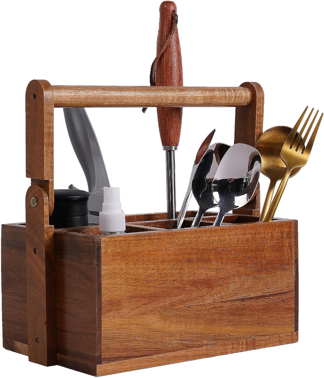 Mowsug Acacia Wood Silverware Caddy with Handle Wooden