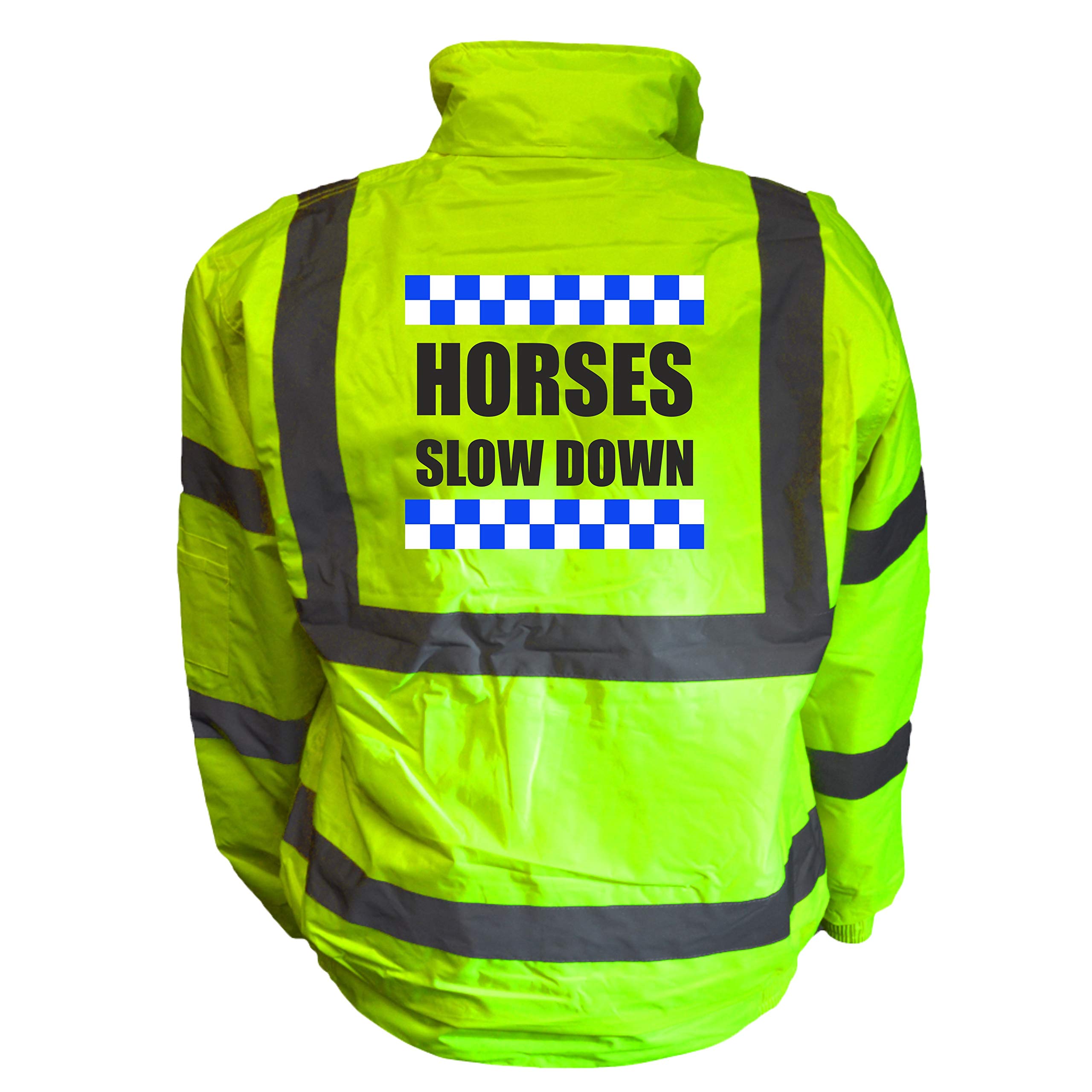 Sillitoe Horses Slow Down Yellow Hi Vis Bomber Jacket Reflective, Equestrain, Horse Riding, Conforms to EN20471 Class 3, High Visibility, By Brook Hi Vis, XLarge
