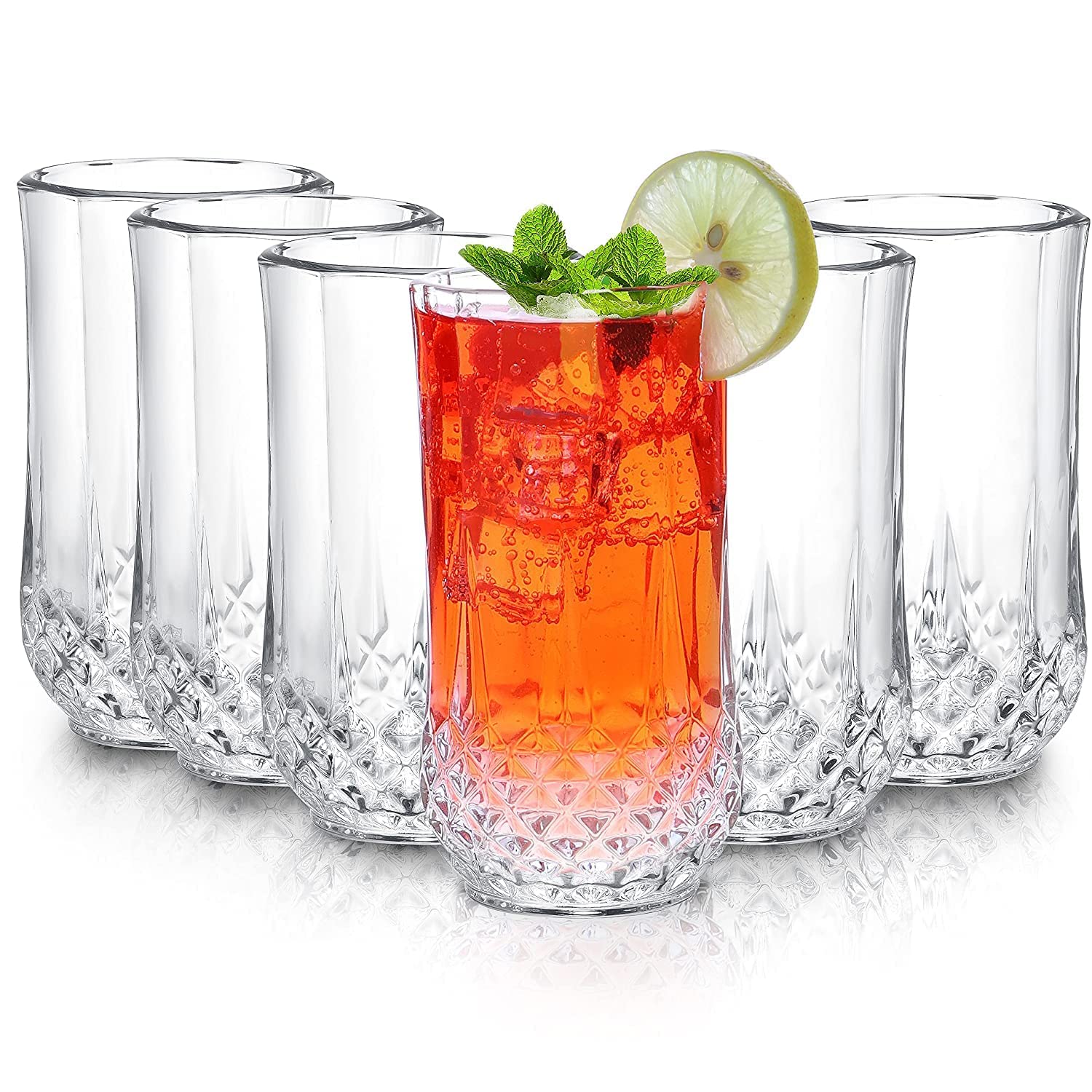 WQR Italian Premium Juice Glasses Set of 6, Transparent, 300ml, Diamond Design Highball Glasses for Drinking Juice, Water, and Cocktails (6)