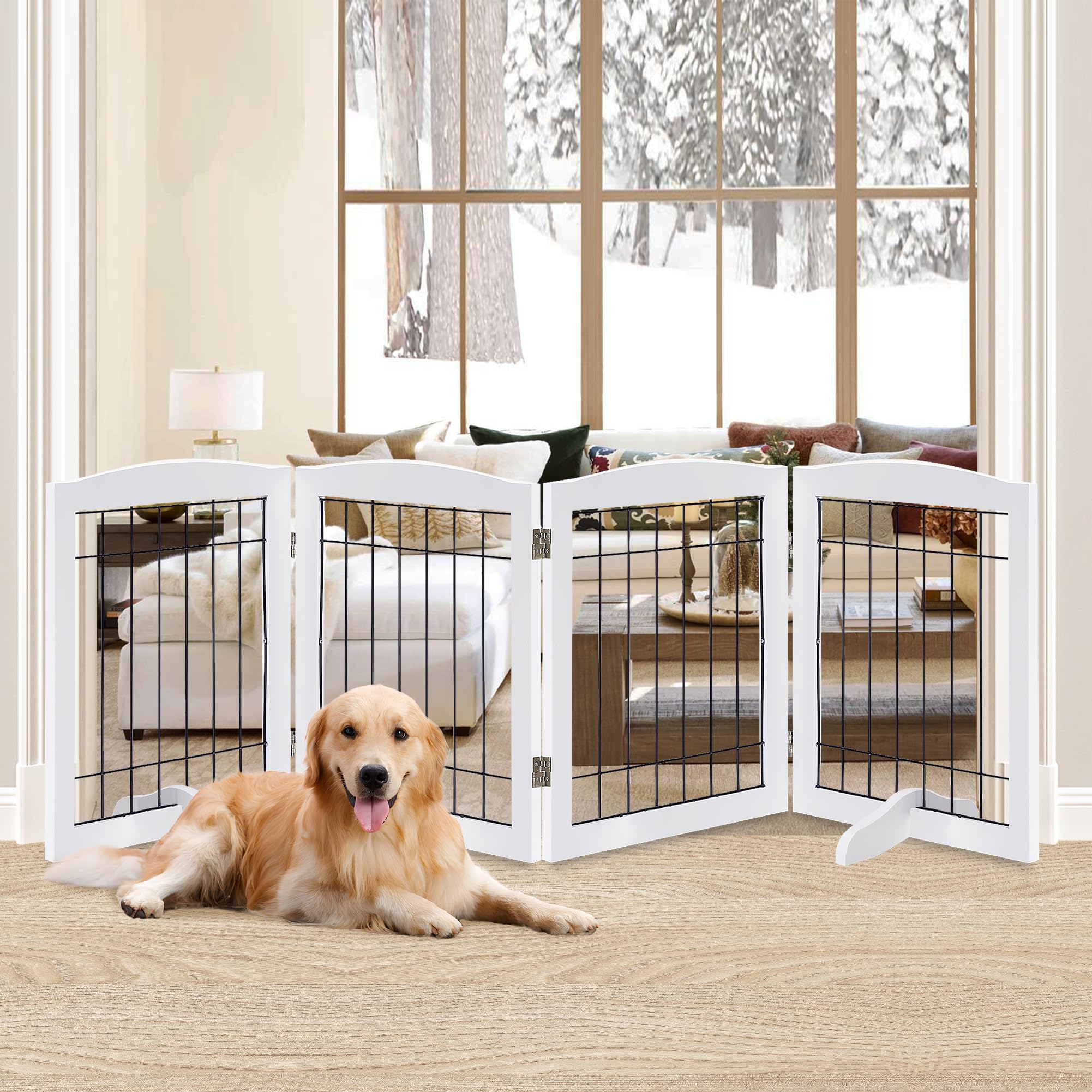 LZRS 4-Panel Freestanding Wooden Dog Gate—Extra Wide 30” Tall Foldable Pet Barrier with Support Feet, Solid Hardwood & Steel Wire Chew-Resistant Safety Gate for Doorways, Hallways, and Stairs, White