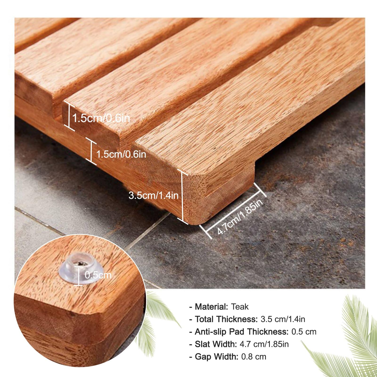 Tappetino da Bagno in Legno di Teak Pedana Doccia Impermeabile Design a Doghe, Design Rialzato per Doccia Esterna(60x60cm/23.6x23.6in)