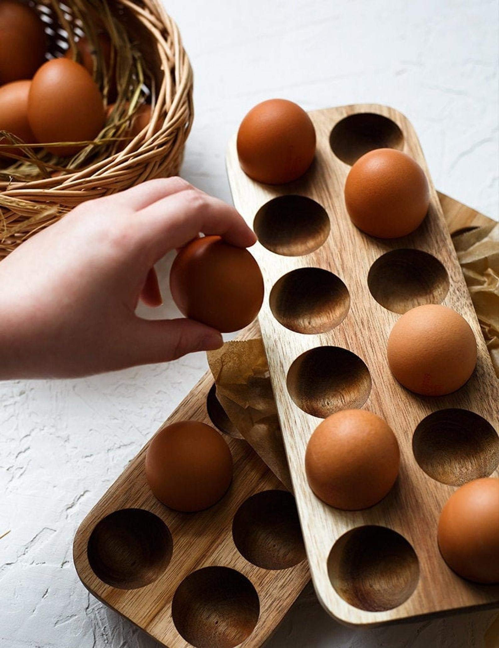 Wooden Egg Holder by ILLATO Premium Acacia Wood Egg Tray 12 Holes