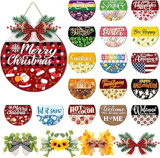Vicenpal Interchangeable Wooden Welcome Sign for Front Door - 17 Magnetic Seasonal Icons & 4 Wreaths, Holiday Porch Decor