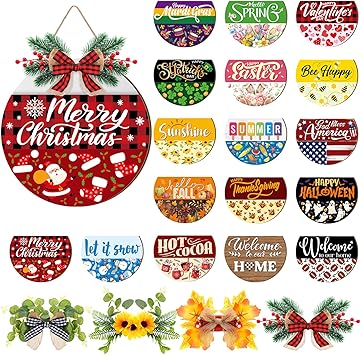 Vicenpal 22 Pcs Interchangeable Welcome Sign for Front Door with 17 Magnetic Icon Wooden Seasonal Front Porch Door Decor with 4 Seasonal Wreath for Holiday Halloween Christmas Gift(White,Classic)
