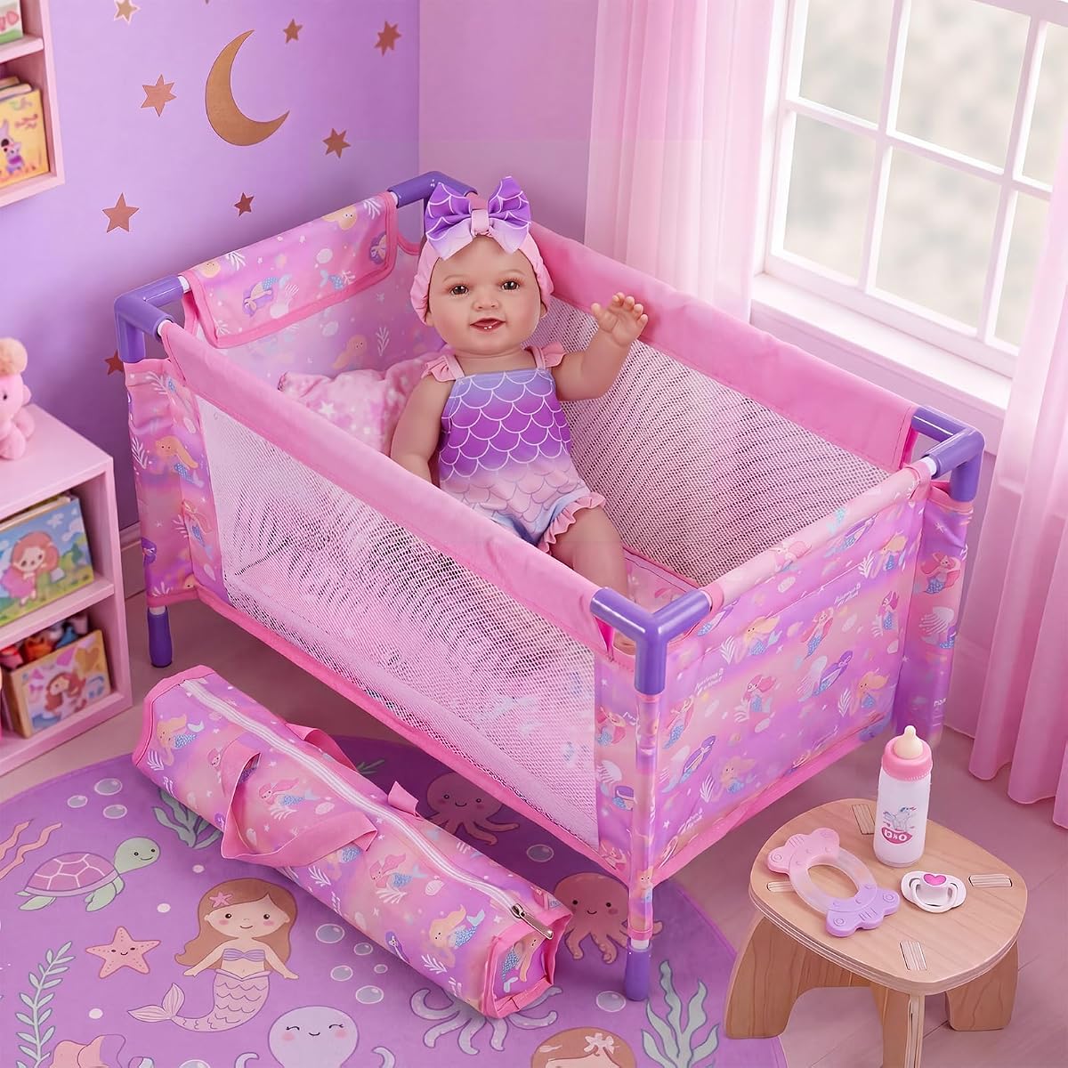 BABESIDE Baby Doll Crib Playset with Bedding & Accessories, Portable Baby Doll Crib for 18 Inch Dolls, Pretend Play Gift for Girls