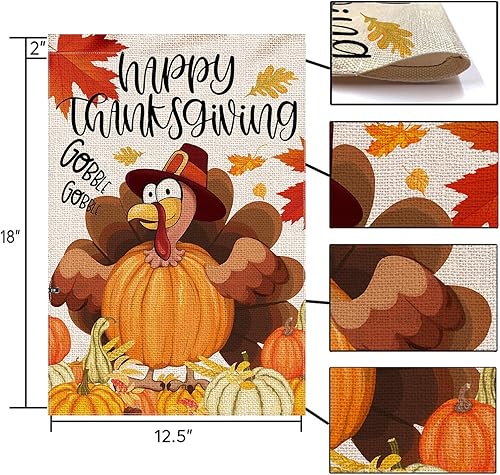Miniatura 4 de Bandera de jardín de Acción de Gracias, bonita bandera de arpillera de pavo y calabaza de doble cara, letrero de decoración de Acción de Gracias al