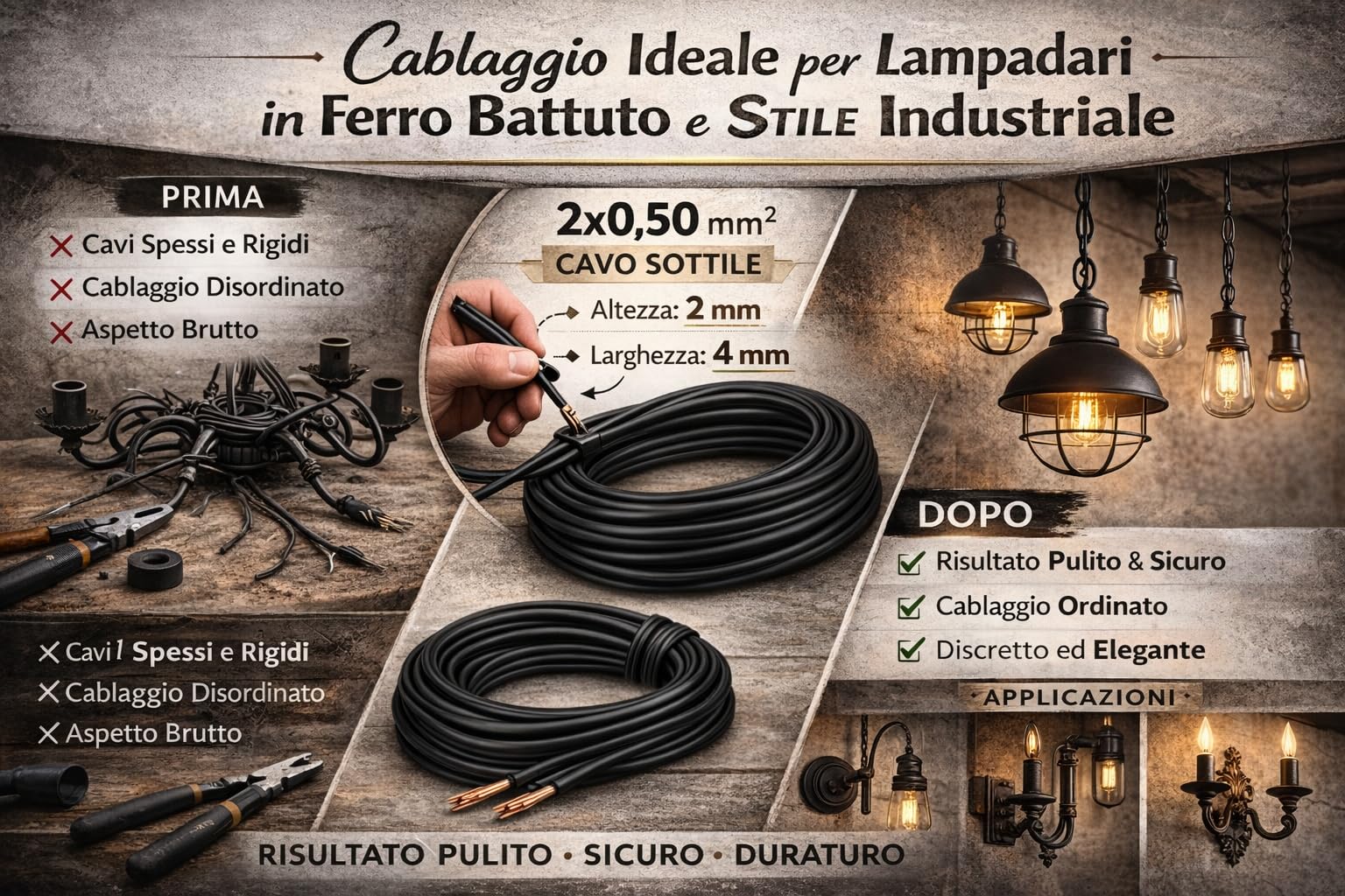 Cavo Piattina Nero 2x0,50 mm² – Filo Elettrico Piatto per Lampade Industrial, Sospensioni e Strutture in Ferro – 10 Metri – 250V - Prometeo Electronics