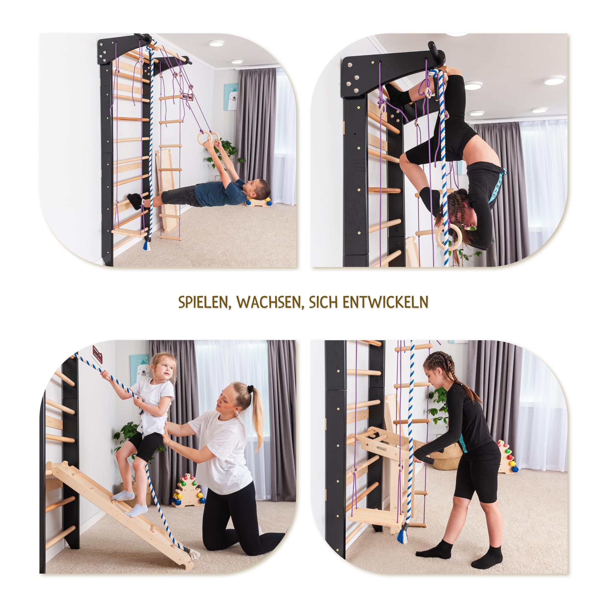 Sprossenwand Holz mit Rutsche & Schaukel - Indoor Klettergerüst für Kinder & Erwachsene - Turnwand mit Kletterbrett & Zubehör - Massiv bis 150kg (Schwarz)
