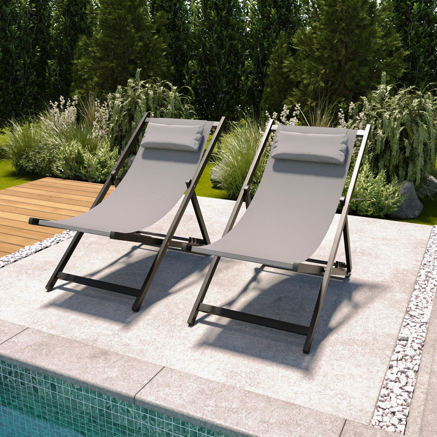 BRICOZONE Set di 2 Sedie Sdraio Leggera Da Giardino Schienale Regolabile Pieghevole Ergonomica Con Cuscino Traspirante Struttura Nera In Alluminio Da Esterno Piscina Mare Portata 160 Kg Grigio