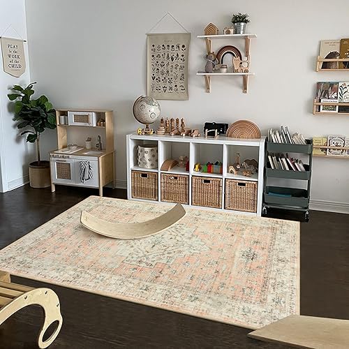 Miniatura 5 de LIVEBOX Alfombra lavable de 5 x 7 pies, alfombra vintage para sala de estar, alfombra antideslizante para dormitorio, alfombra de pelo bajo,