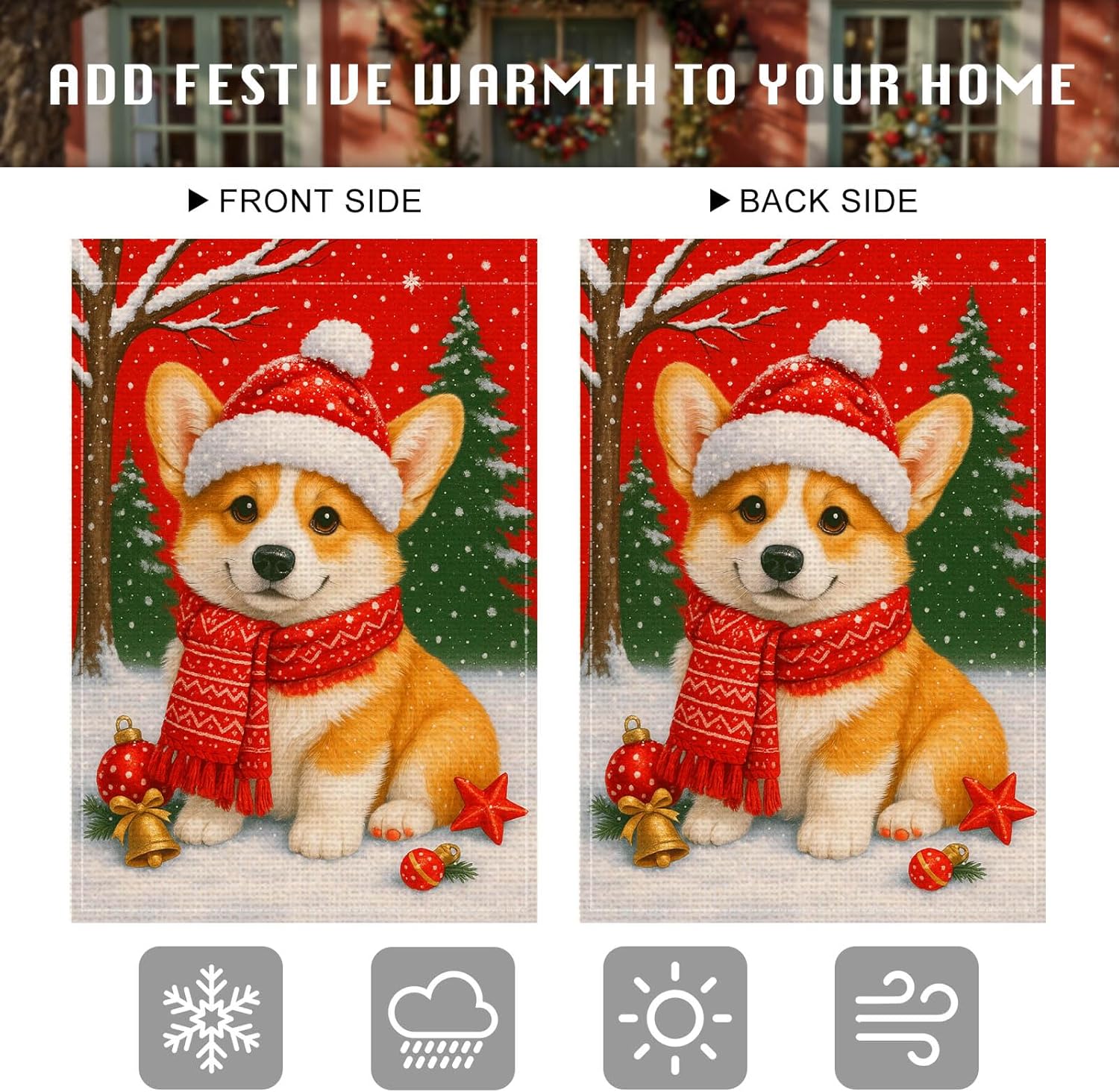 Merry Christmas Corgi Puppy Garden Flag Double Sided 12x18 Inch Burlap Winter Garden Flag Corgi Puppy with Red Scarf and Santa Hat for Indoor and Outdoor Decoration Yard Lawn Decor - Image 5