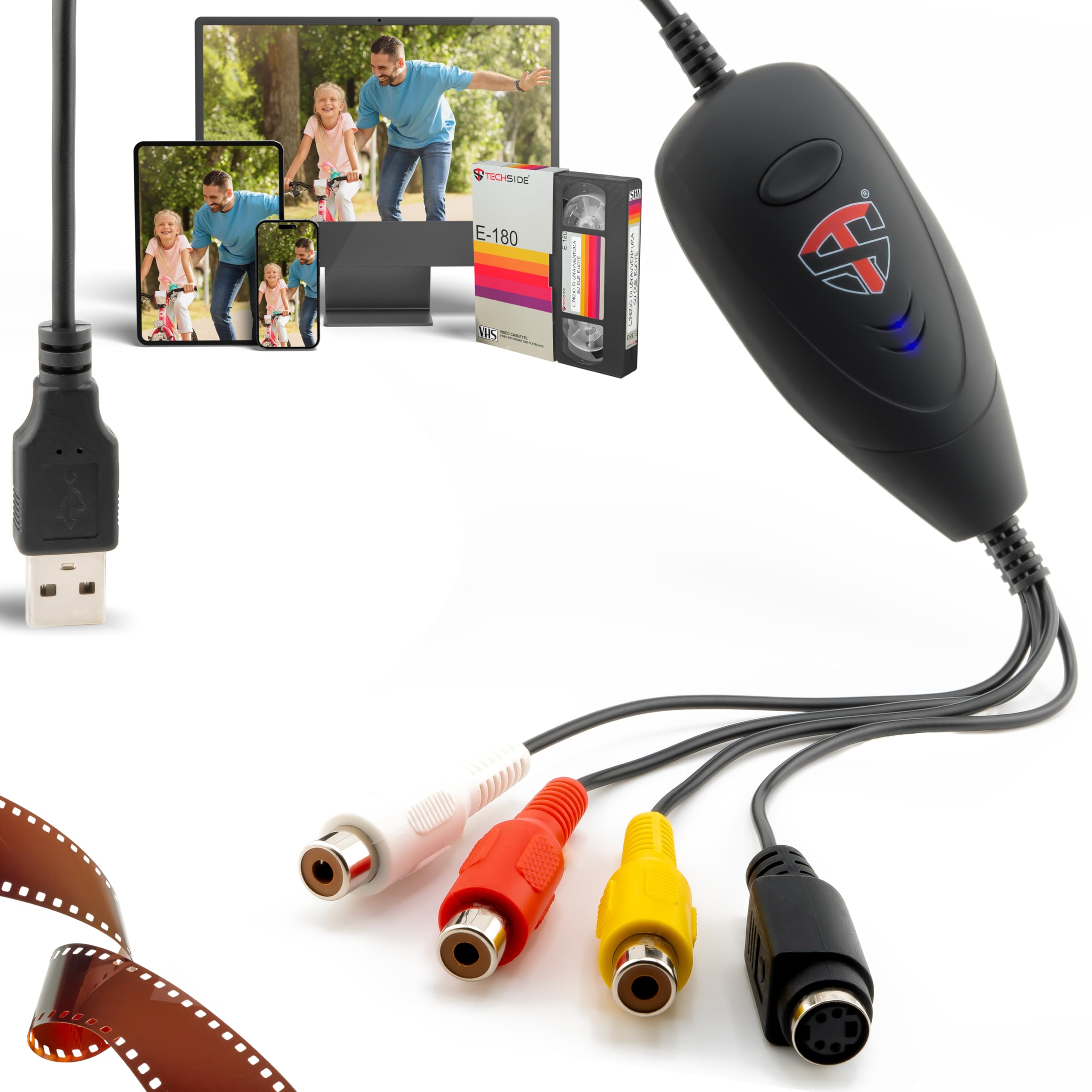 TechSide Capture card 2025: VHS to Digital Converter USB 2.0 for VHS / Hi8 / mini DV, Windows 11/10 Compatible, Captures and Converts Tapes da vcr player to MP4 Digital Formats