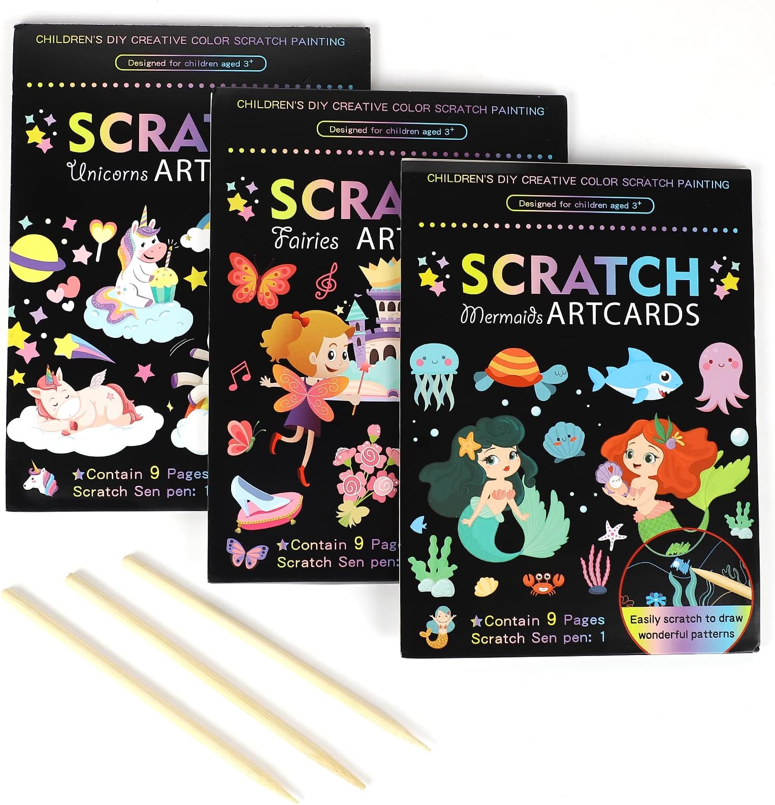 OPUHOHR 3 Set Magic Scratch Paper Art, Colorful Magic Drawing Art Book with 3 Scratch Pen for Birthday Halloween Christmas Party Games Projects Kits (Mermaid/Princess)