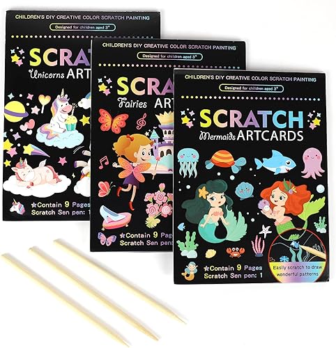OPUHOHR Juego de 3 juegos de arte mágico de papel para rascar, colorido libro de arte de dibujo mágico con 3 bolígrafos para rascar para cumpleaños,