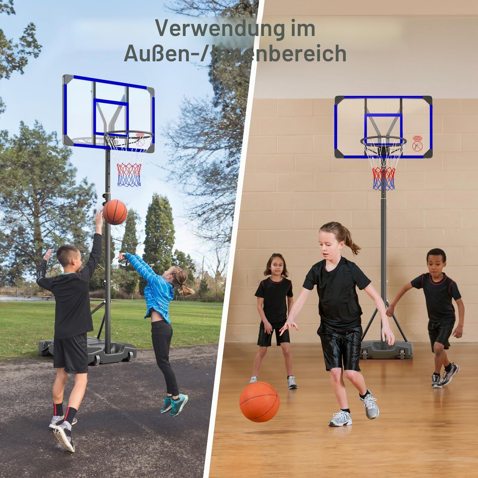 Yohood Basketballkorb, 12,4 - 3 m, verstellbar, tragbar, Basketballkörbe und Tore für Kinder/Jugendliche/Erwachsene, mit 44 PC-Rückwand, 45,7 cm Standardkorb-Rand, Allwetter-Ständer für den