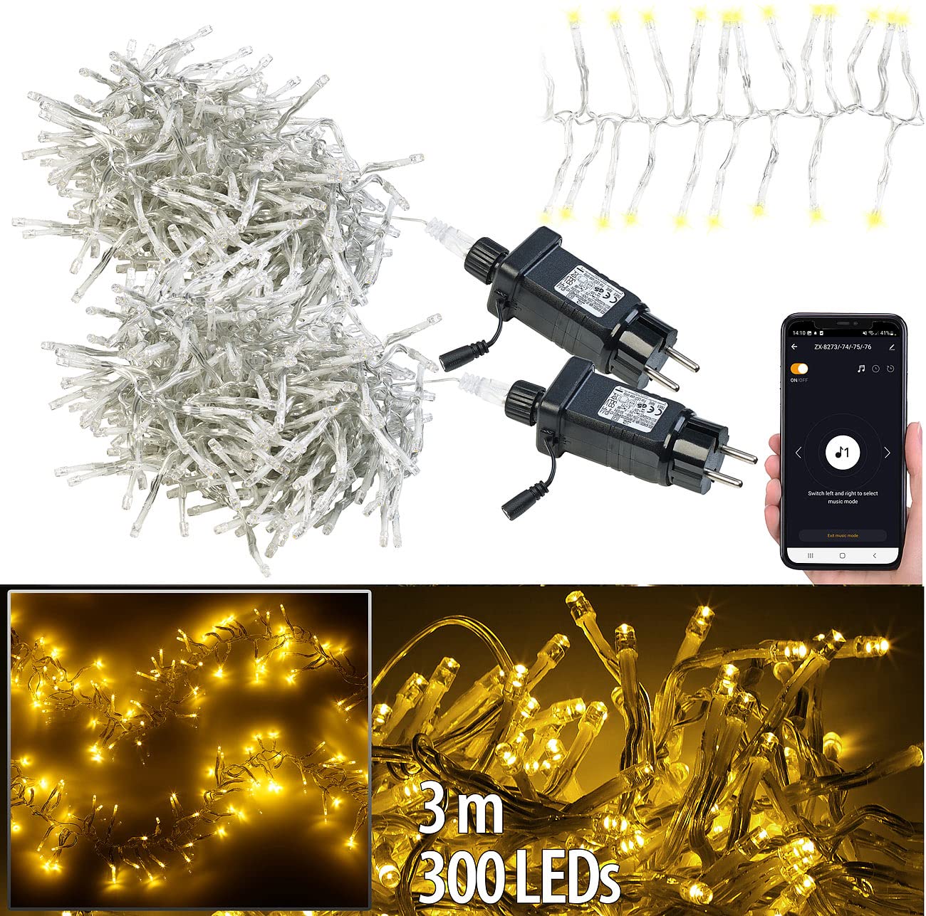 Lunartec Lichterkette Smart: 2er-Set WLAN-LED-Büschel-Lichterketten, 300 LEDs, App, 6m, transparent (Cluster-Lichterkette außen, App gesteuerte Lichterketten, Dimmer)