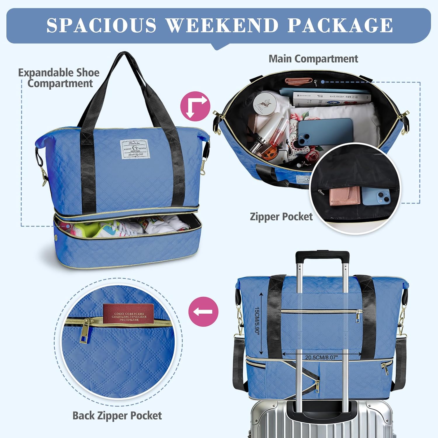 Geestock Weekender Bags for Women with Shoe Compartment Carry On Duffle Bag with Trolley Sleeve for Travel, Gym Overnight Bag Hospital Bags for Labor and Delivery, Included Storage Pouch, Blue - Image 8
