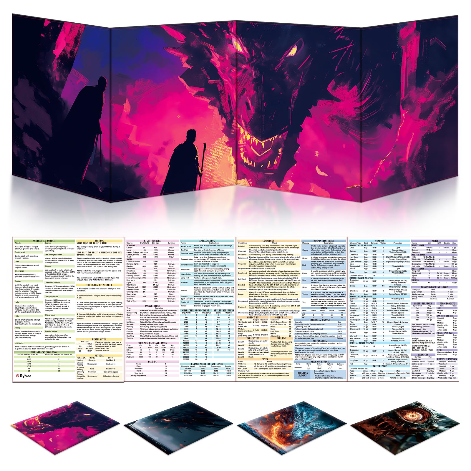 Byhoo 4PCS DM Screen for D&D 5E with 4 Immersive ThemesWaterproof Reusable Surface, Tri-Fold Portable Design Folds to A4 Size DND Accessories Compatible with Players Handbook