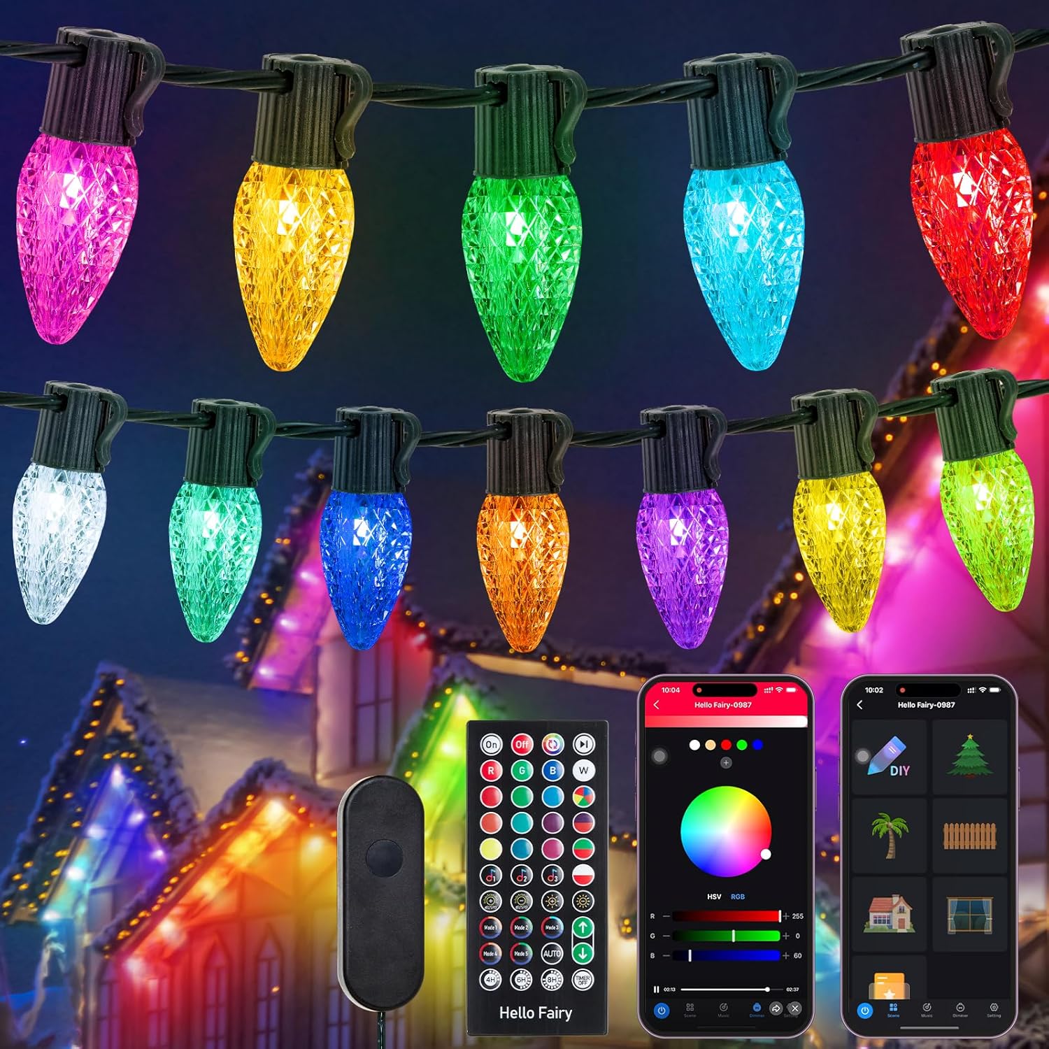 Smart C9 Christmas Lights Outdoor, 78FT 100LED RGB Color Changing String Lights, App&Remote Control, Music Sync, Connectable LED Christmas Tree Lights for Outdoor House Holiday Decoration