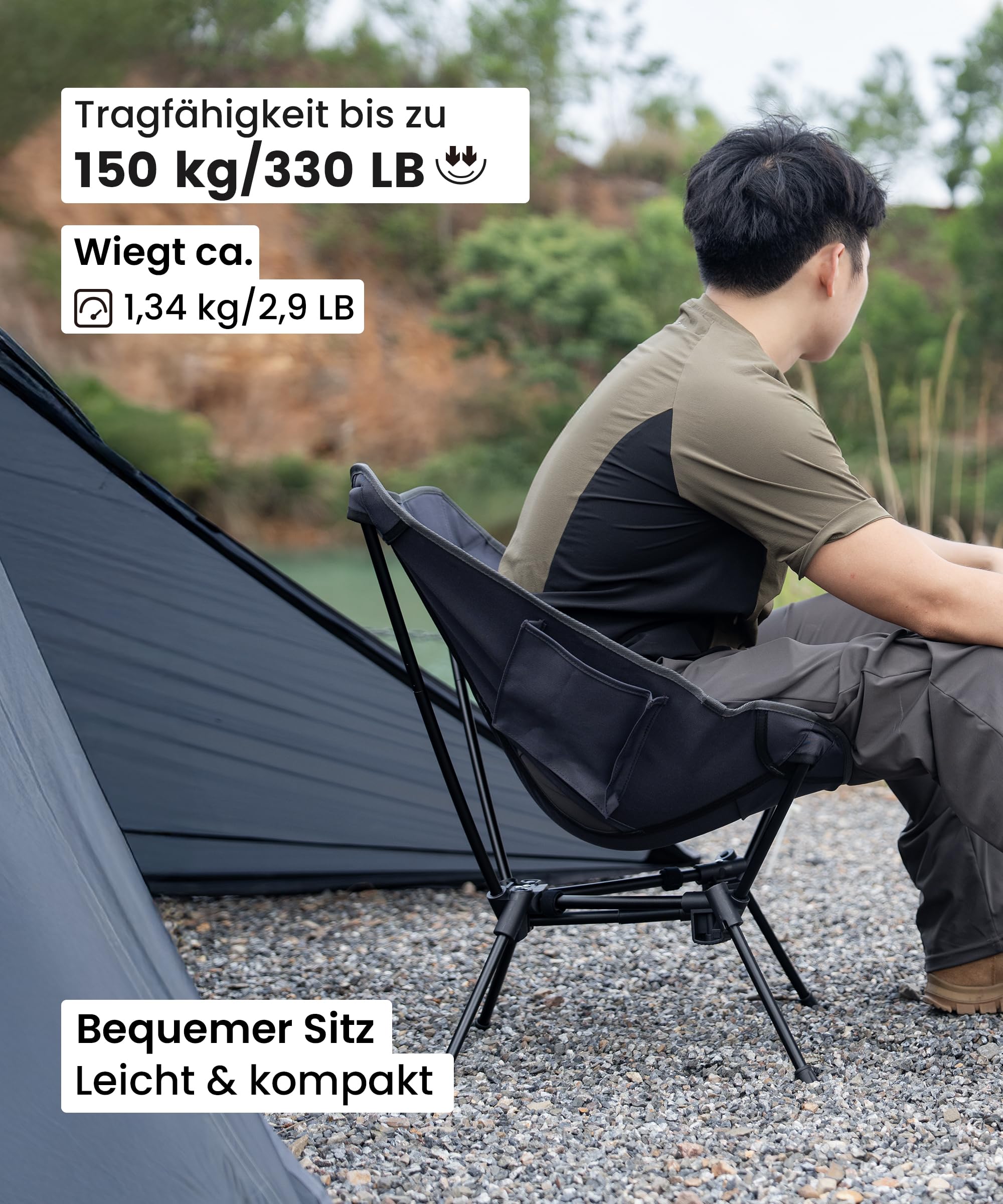 OneTigris TIGERBLADE krzesło kempingowe, składane, 150 kg, lekkie krzesło kempingowe, trójkątna rama, ultralekkie, z 2 bocznymi kieszeniami, do użytku na zewnątrz, wędrówek (kolor szary)