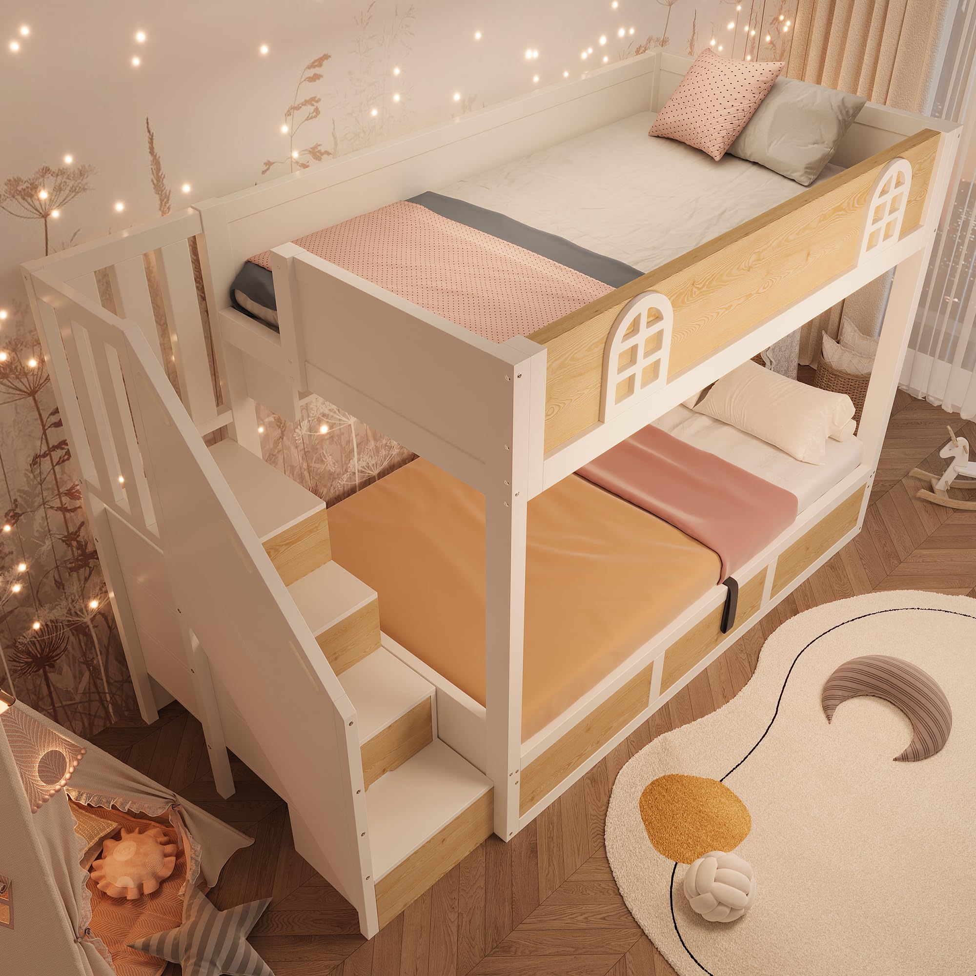 Dolamaní Letto a castello in legno 90 x 200 cm per 2 persone, con spazio di archiviazione idraulico, scala, reti a doghe e protezione anti-caduta, senza materasso (bianco + naturale B)