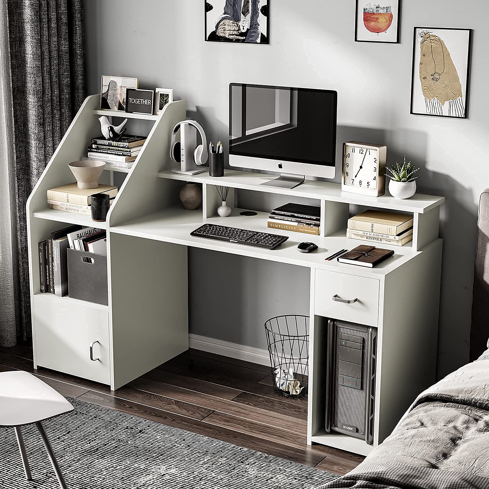 White Computer Desk with Drawers, Shelves, Storage, Hutch, 64.5'' Large