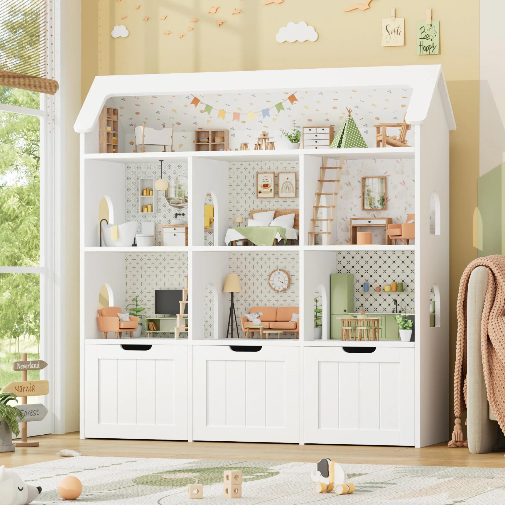 FOREHILL Kinderregal in Hausform, Bücherregal Kinder, Kinderzimmer Möbel | Kinderregal mit 3 Boxen auf Rollen, Kinderschrank Puppenhaus, Regal für Kinderzimmer, Kindergarten, 120x117,5x30cm