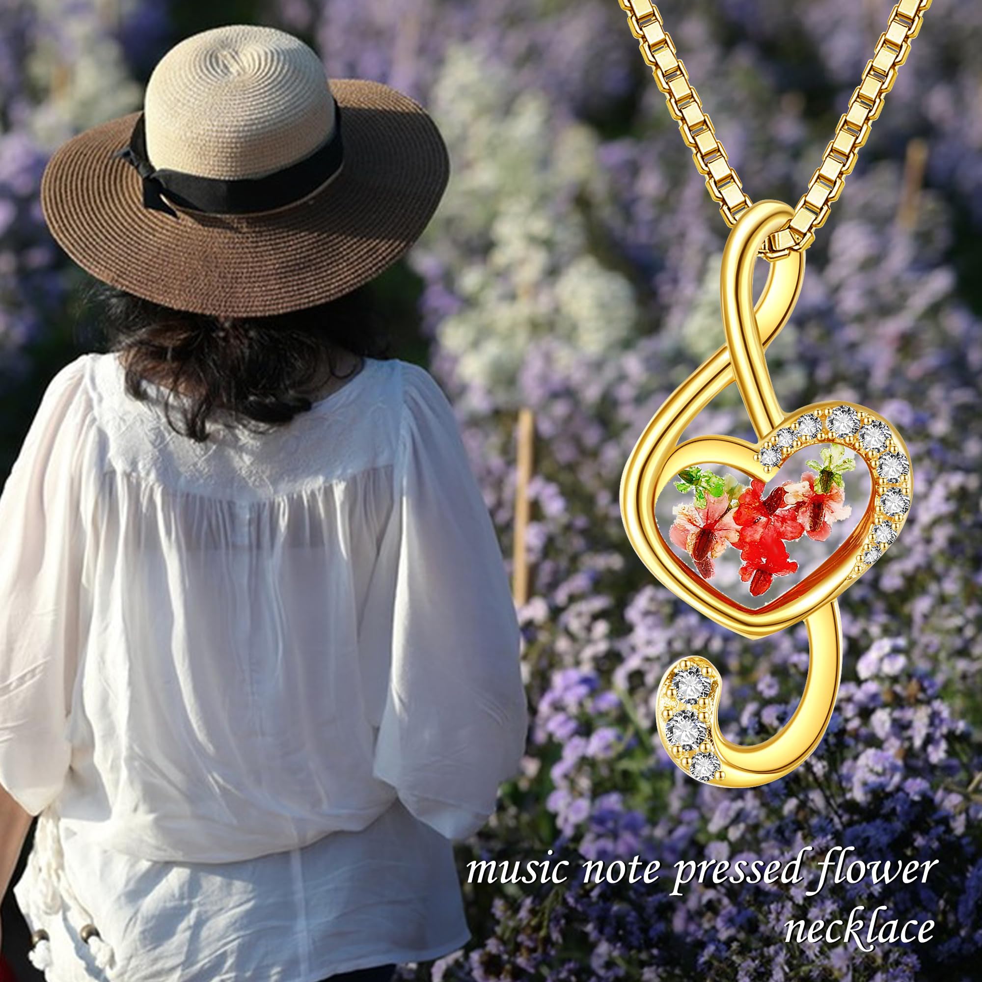 URONE Collana con note musicali in argento Sterling pressato, con fiori secchi, regalo per donne e amanti della musica, Argento sterling