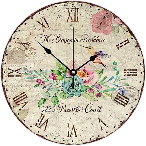 Reloj de pared con diseño de colibrí, diseño de pájaro, flor y letra, reloj silencioso personalizado, funciona con pilas, 10 pulgadas, arte de